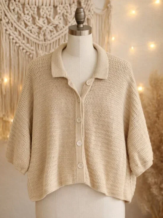 Halogen Beige Cotton Knit Cropped Sweater Cardigan M Boho Chic Relaxed Neutral