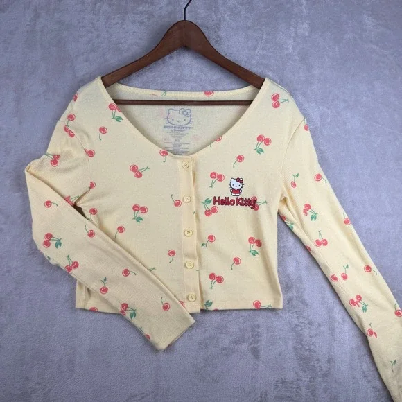 Hello Kitty Sanrio Yellow Cherry Print Ribbed Cropped Cardigan Top XS Long‎