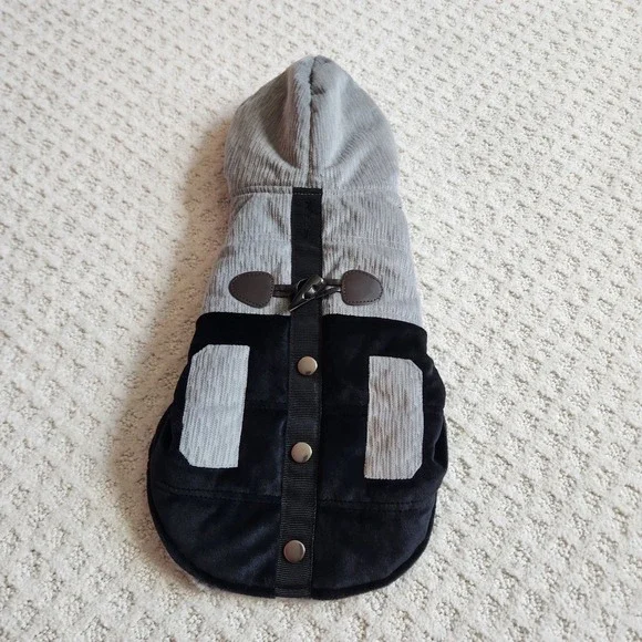 Gray Black Corduroy Faux Fur Lined Dog Hoodie Jacket Toggle Coat Small‎ Medium