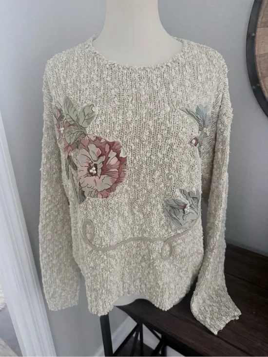 Vintage 80s 90s Penbrooke Lane Floral Appliqué Bouclé Knit Sweater M