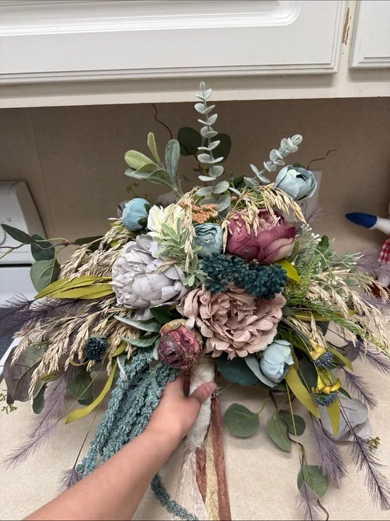 Handcrafted Mixed Floral Bouquet in Dusty Blue, Mauve & Sage -