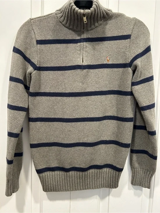 Polo Ralph Lauren Boys L 14-16 Gray Navy Striped Quarter Zip Sweater