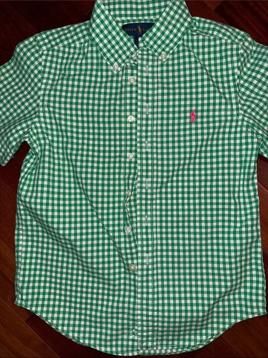 Ralph Lauren Green & White Gingham Button-Down Short Sleeve Shirt