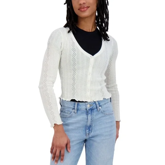 Aeropostale Womens Cropped Cardigan White V-Neck Lettuce Trim Size Medium NEW