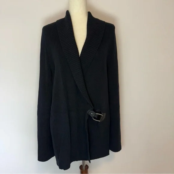 Lauren Ralph Lauren 100% Cotton Black Knit Cardigan with Buckle Closure Size 1X