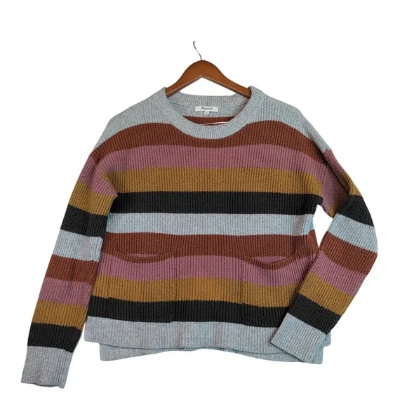 Madewell Sz Sm Oversize Crop Striped Ribbed Crewneck Sweater Multi Color Office