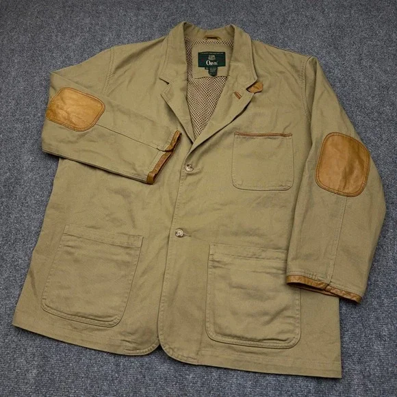 VTG Orvis Zambezi Twill Jacket Mens XL Khaki Leather Elbow Patch Sporting Blazer