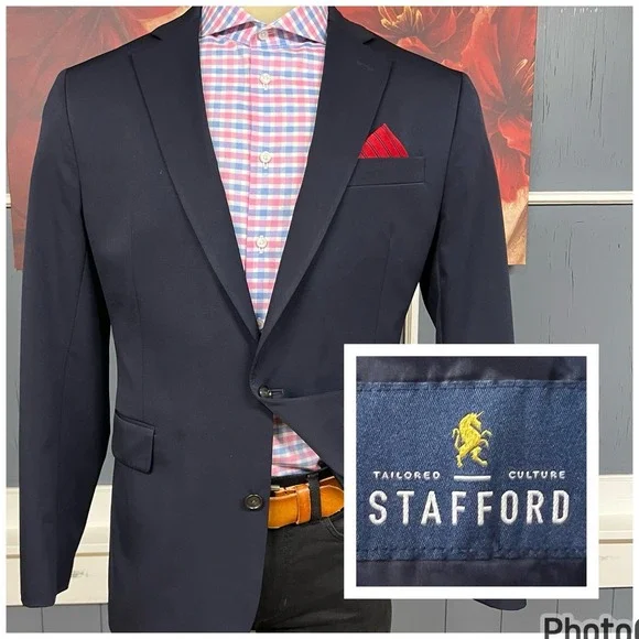 Stafford Blazer Jacket Sport Coat Mens 44R‎ Polyester Blend Stretch Dark Navy