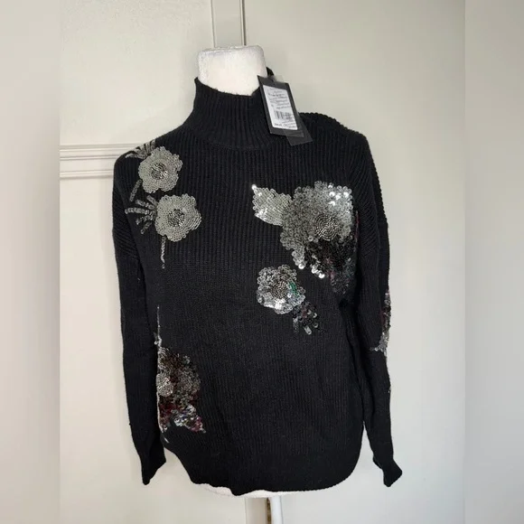 Nicole Miller Black Turtleneck Sweater with Silver Sequin size M new with tag