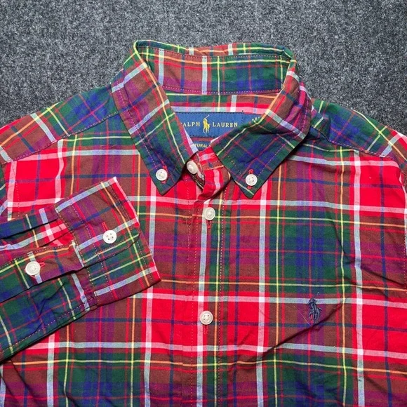 Ralph Lauren Button Down Shirt Kids Size 6 Red Plaid Excellent Natural Stretch