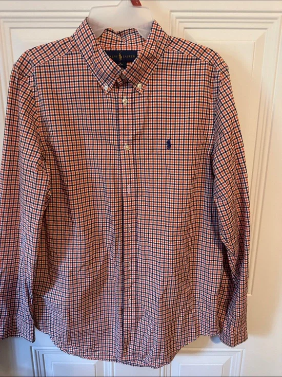 Ralph Lauren Boys Navy and Orange Small Check Button-Down Shirt