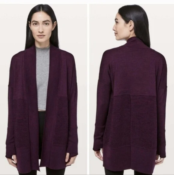 Lululemon Size 4 Merino Wool Cardigan Sweater Sit In Lotus Wrap II Black Cherry