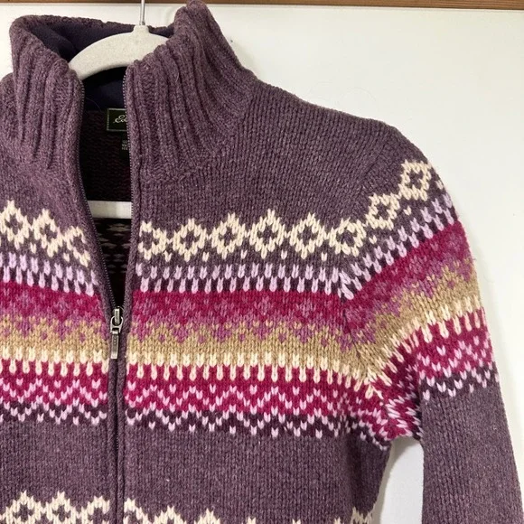 Eddie Bauer Lambswool Fair Isle Zip Up Cardigan Sweater Womens Small Purple
