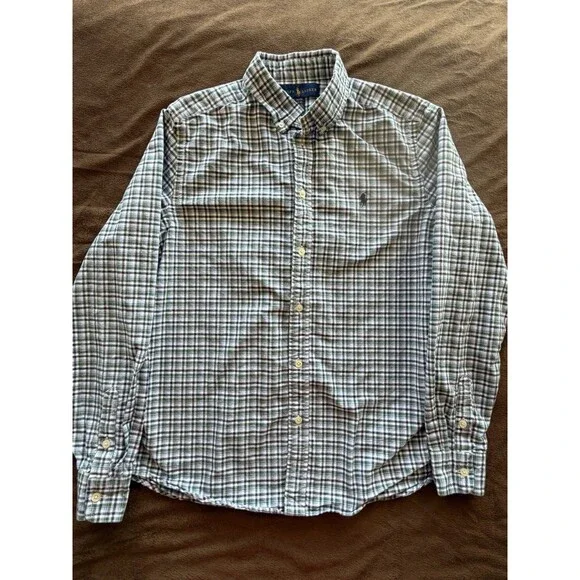 Ralph Lauren Boys Green Blue Plaid Cotton Button-Down Long Sleeve Shirt XL 14-16