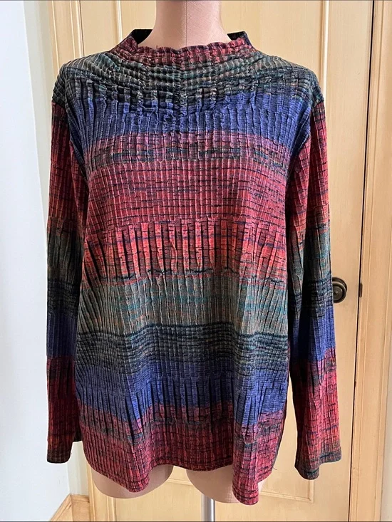 TRISHA TYLER Artsy Fall Casual Multicolor Ribbed Knit Rushed Detail Sweater XL
