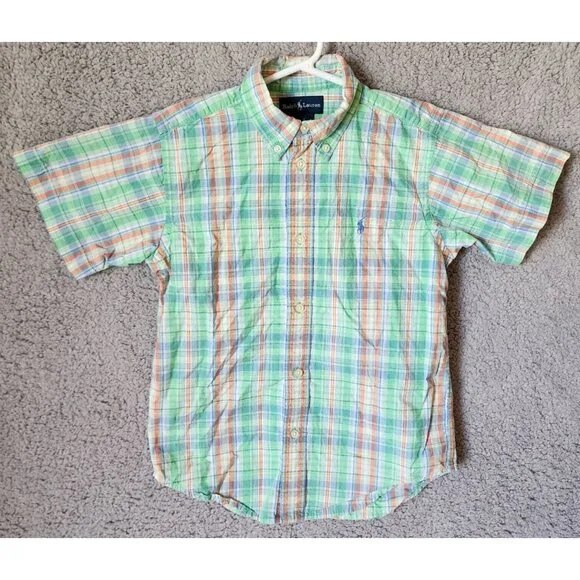 Ralph Lauren Green Plaid Short Sleeve‎ Button Down Pony Logo Shirt Youth Size 7