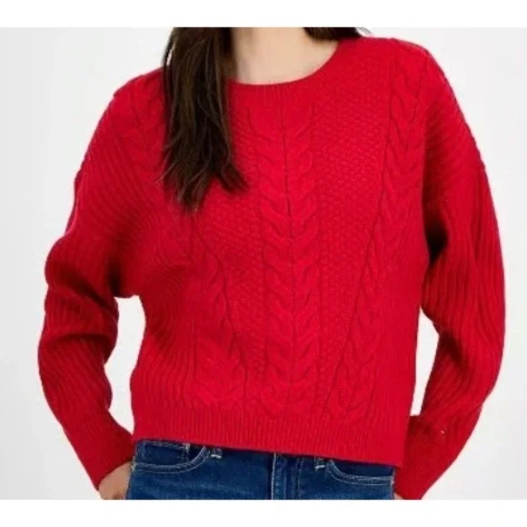 Tommy Hilfiger Chunky Preppy Red Cable Knit‎ Crewneck Sweater SZ M