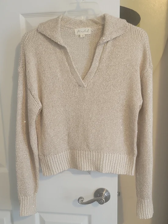 Marled SzSm Beige Cropped Sequin V-Neck Long Sleeve Sweater
