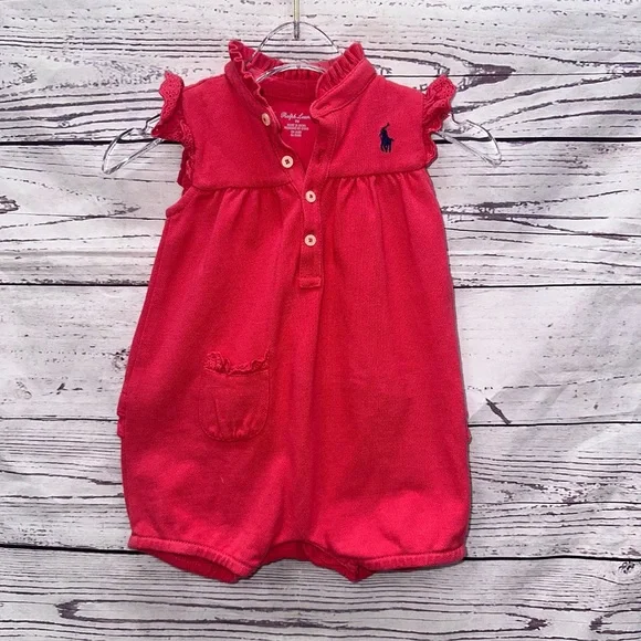 Ralph Lauren Girls Red/Pink Ruffle Onepiece Romper Size 9 Months