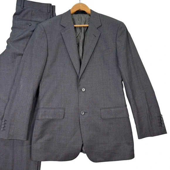 Baroni Mens 38R Slim Fit Wool Gray 2-Piece Suit Blazer Pants 33x30‎ Coat Jacket