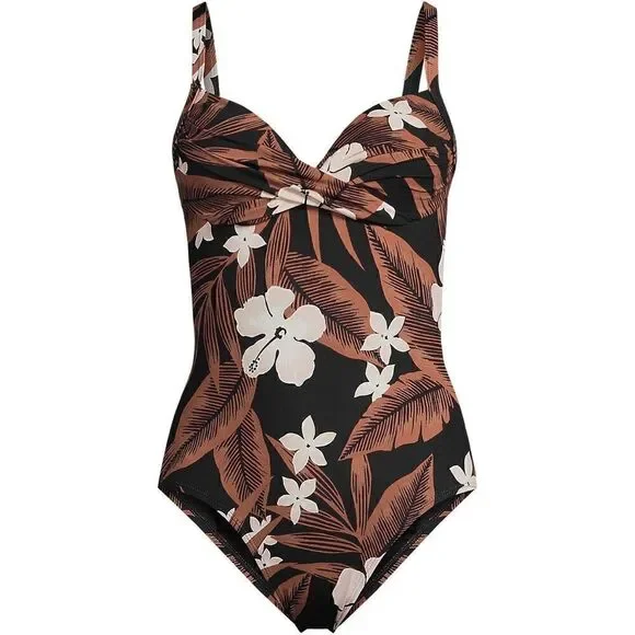 Land's End 1 piece suit chlorine resist targeted sculpting black floral palm Var