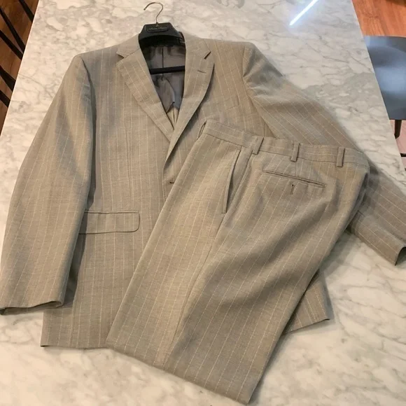 Brooks brother beige pinstripe wool suit, 40L blazer, 34” waist pant