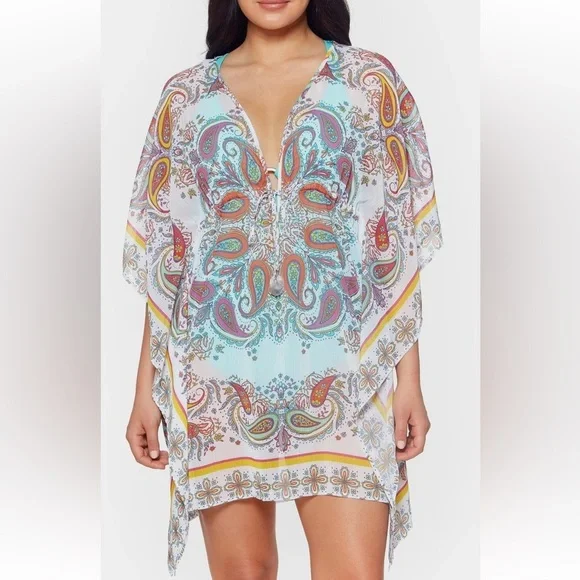 BLEU ROD BEATTIE RING ME UP PAISLEY CHIFFON CAFTAN SWIM COVER UP DRESS