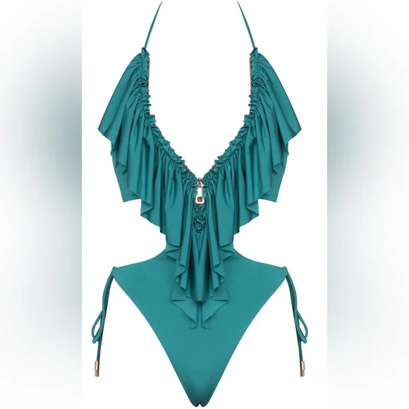 Antoninias Hortenzis Ruffle One-Piece Swimsuit | XS | Petrol | NWOT