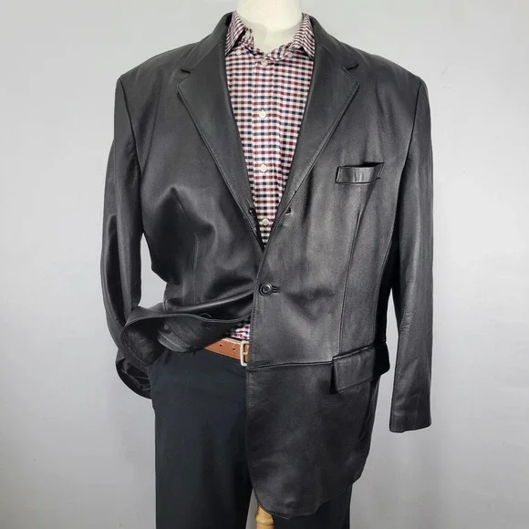 J. Ferrar Men's Three Button Leather Jacket‎ Coat Size XL BLACK