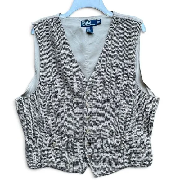Polo Ralph Lauren Herringbone Wool Linen Silk Vest Waistcoat XL Preppy Academia