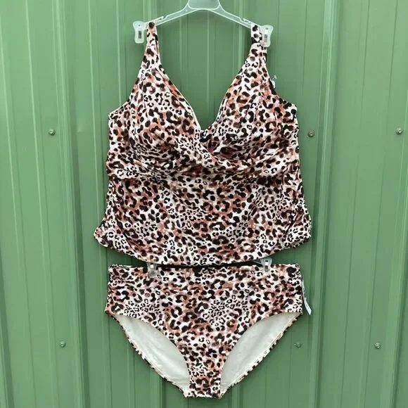 Leopard Print Knit Tankini Top & High Waist Bikini Bottoms Swimsuit Size 3X