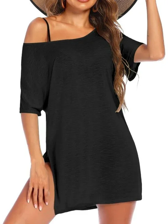 Women's Black Short Sleeve Cover Ups for Beach Bathing Suit Swimwear