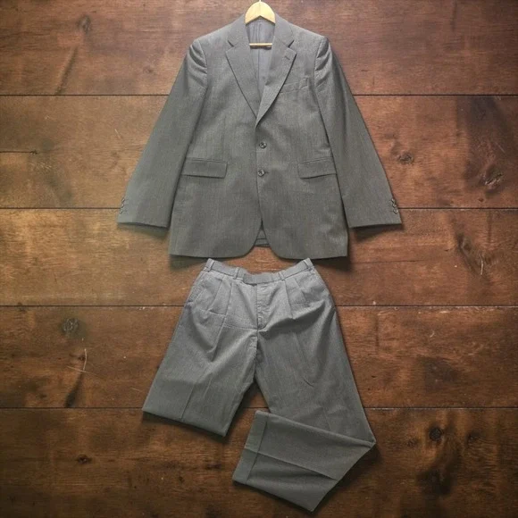 Alexandre London Savile Row Grey Textured Wool Suit 42L Pleated Cuffed W34xL32