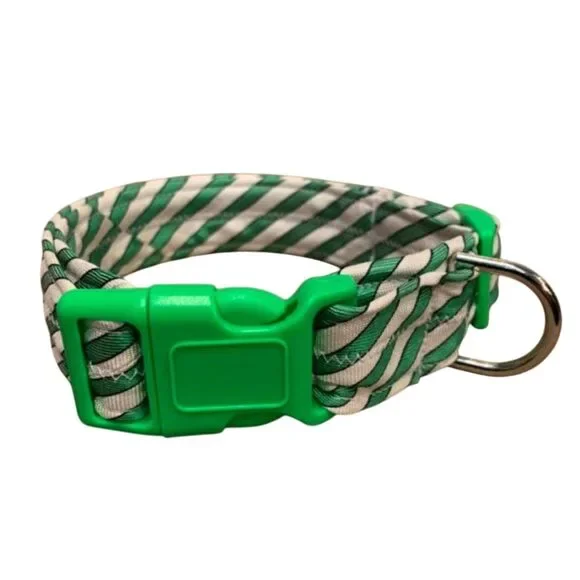 New Handmade Adjustable Upcycled Neck Tie Green White Striped Dog Collar