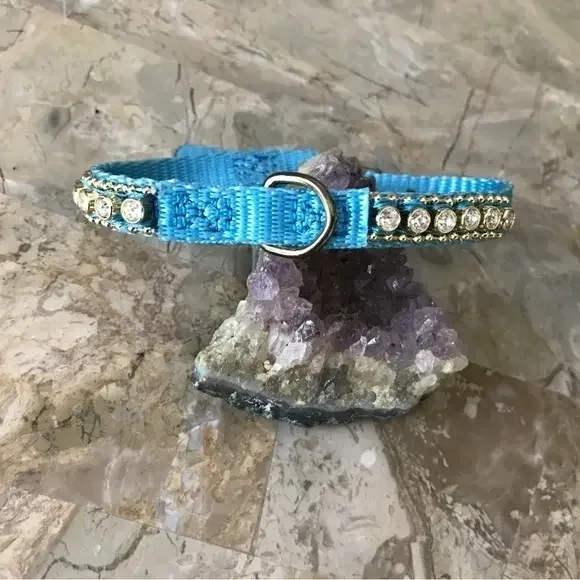 Blue Dog Collar Rhinestones Grosgrain Brass‎