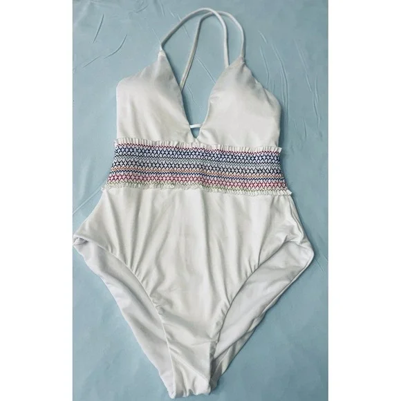 Bar III Swimsuit Womens Small White One Piece Smocked Waist Multicolor Trim Swim