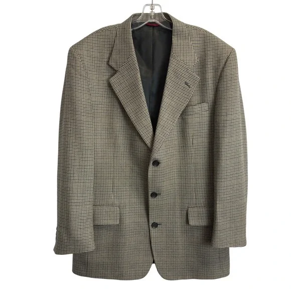 Jos. A. Bank Mens 42R Houndstooth Sport Coat Blazer Tan‎ Black Wool Blend Jacket