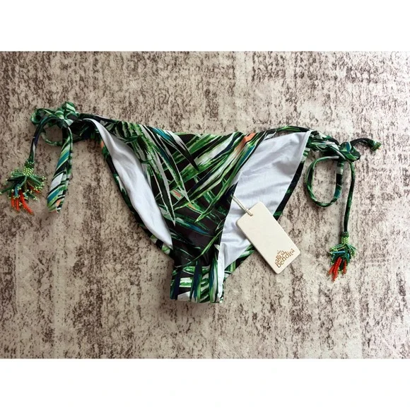 Agua Bendita Bikini Bottom‎ Tropical Print Beaded Tassels Side Ties Sz Large NWT