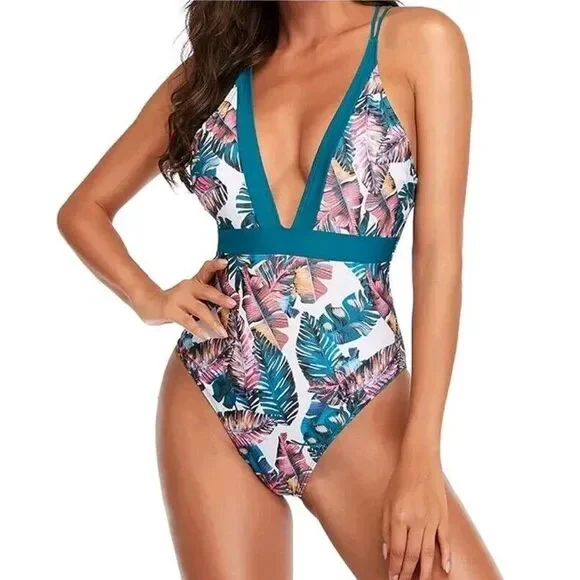 Sporlike‎ one piece swimsuit with V-neck cross back blue color palm designs sz M