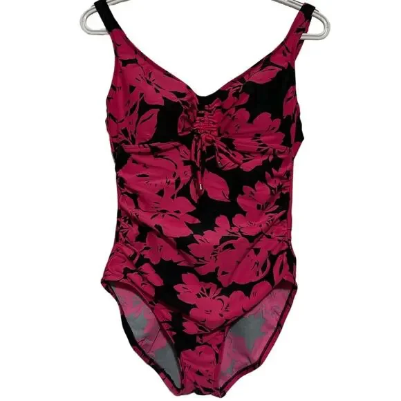 Aqua Green Women's Cutout Black Pink‎ Floral One-Piece Swimwear Size M