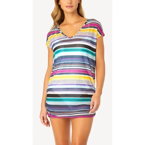 Anne Cole Multi Color Striped Mesh V-Neck‎ Swim Cover Up Dress Size M NEW