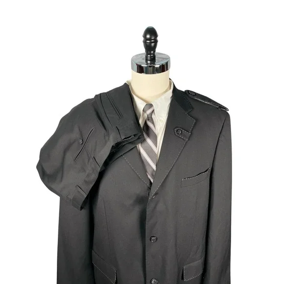 Crème de Silk‎ 2pc Suit 3XL Black with White Topstitch Wool Pleated Pants 43x32