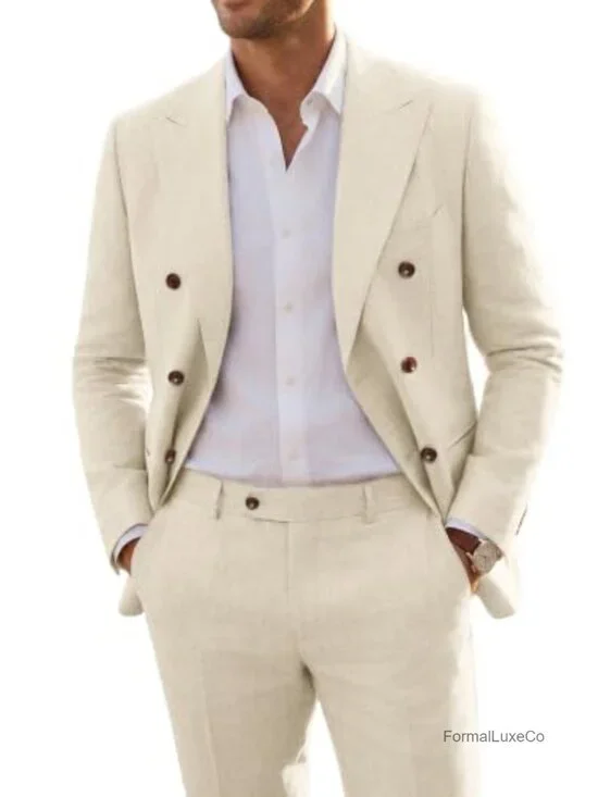 Mens Linen 2 Piece Suit Slim Fit Double Breasted Tuxedo