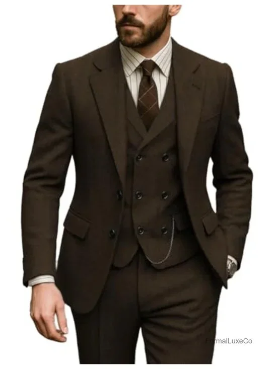 3 Piece Men's Tuxedo Suit Regular Fit Tweed Herringbone Double Breasted Blazer