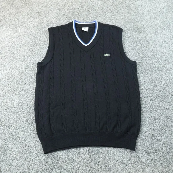 Lacoste Vest Mens XL 6 Black Cable Knit V Neck Tennis Sweater Golf Pullover Logo