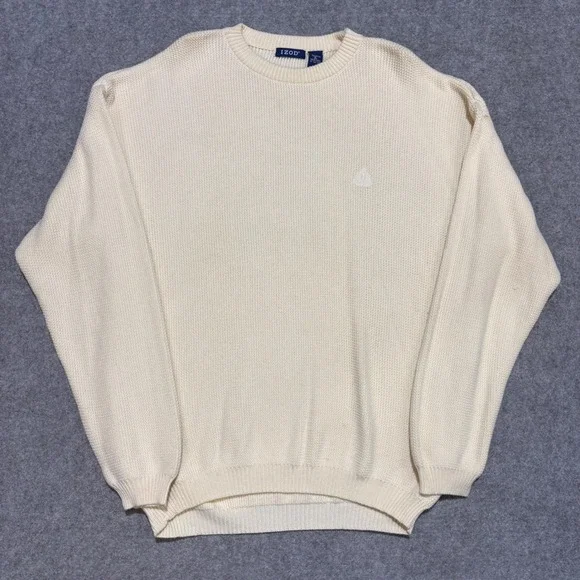 IZOD Mens XL Cream Off White Cotton Waffle Knit Crew Neck Sweater Tonal Logo