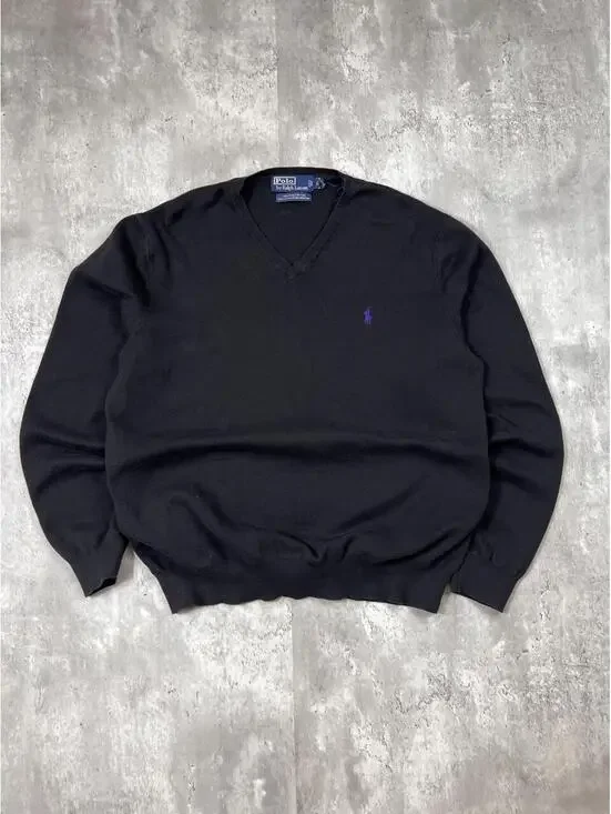 Polo Ralph Lauren Pima Cotton V-Neck Sweater Black Quiet Luxury Purple Pony