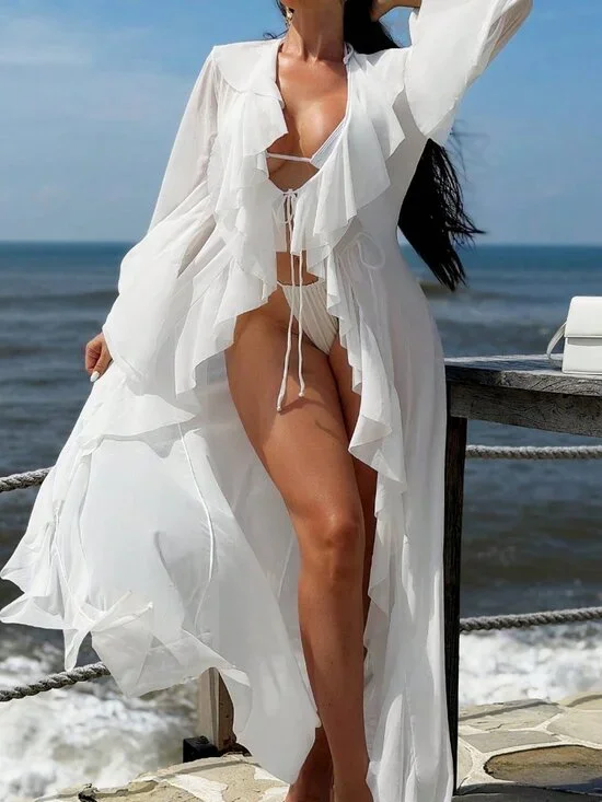 White Boho Women's Long Sleeve Drawstring Hem Cover Up