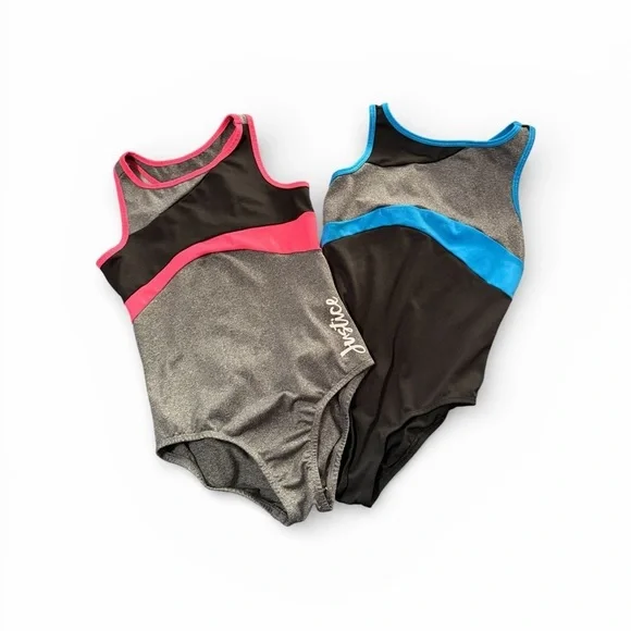 2 Justice Girls' sz. 8 Gymnastics Leotards dance play Hot pink & blue shimmer