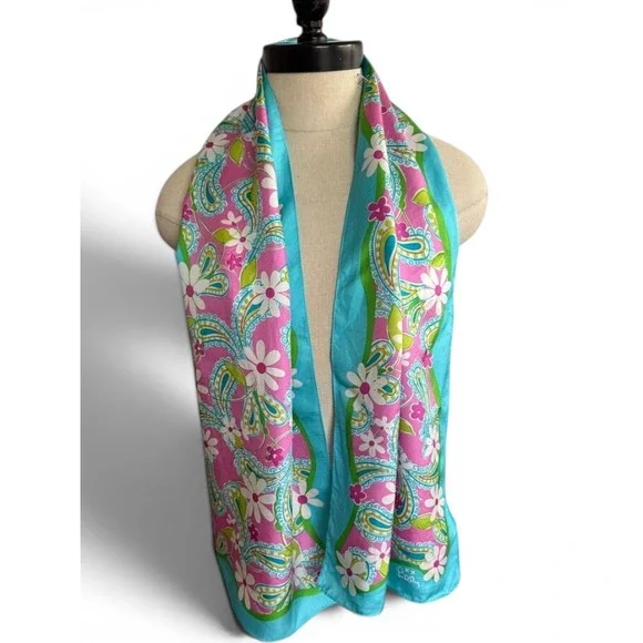 Lilly Pulitzer Ford VTG Silk Scarf Pink Blue Paisley Floral Breast Cancer Wrap